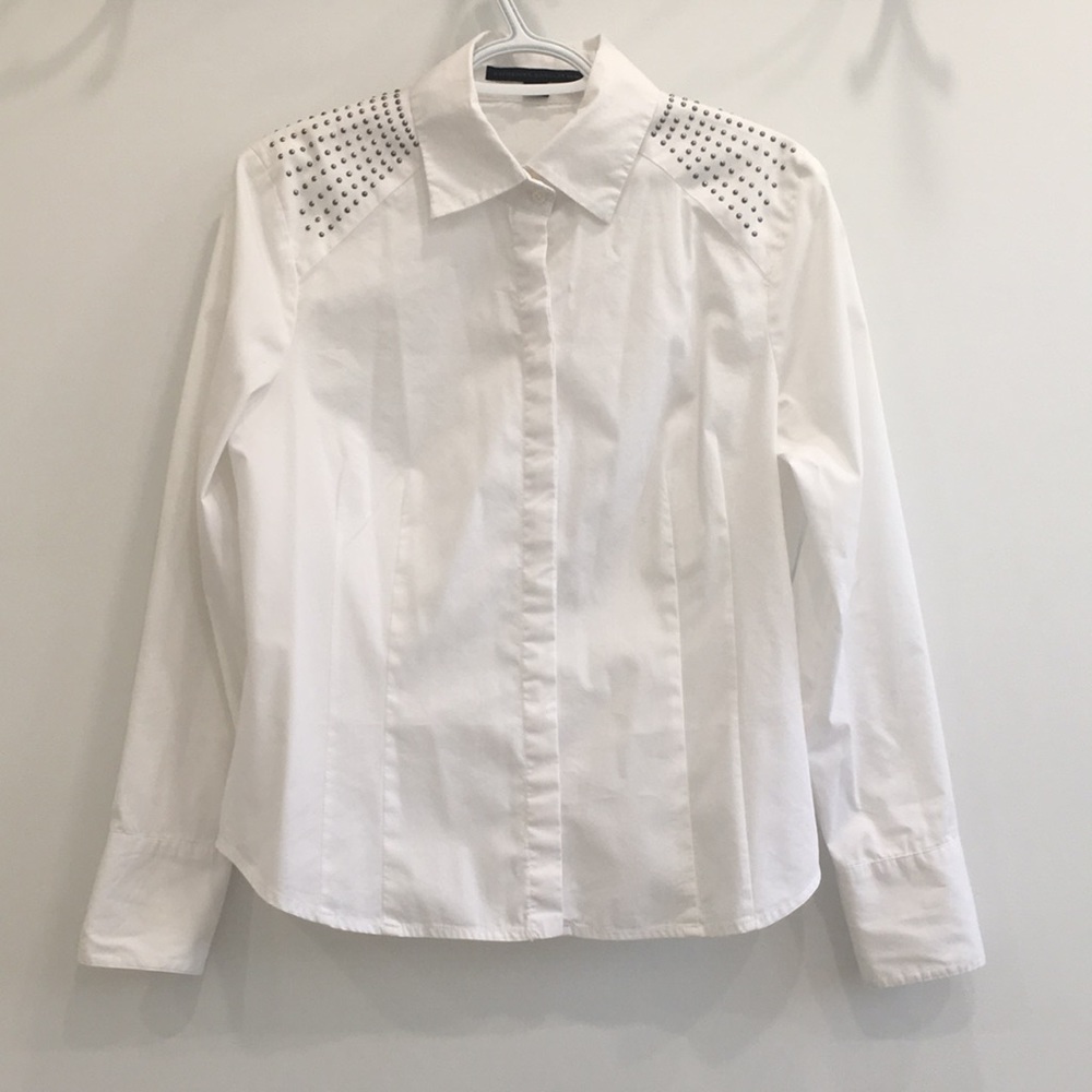 White Collared Shirt With bedazzled shoulders